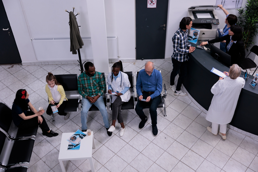 SACC Career Center medical assistant students practicing patient intake and front desk training in a clinical setting
