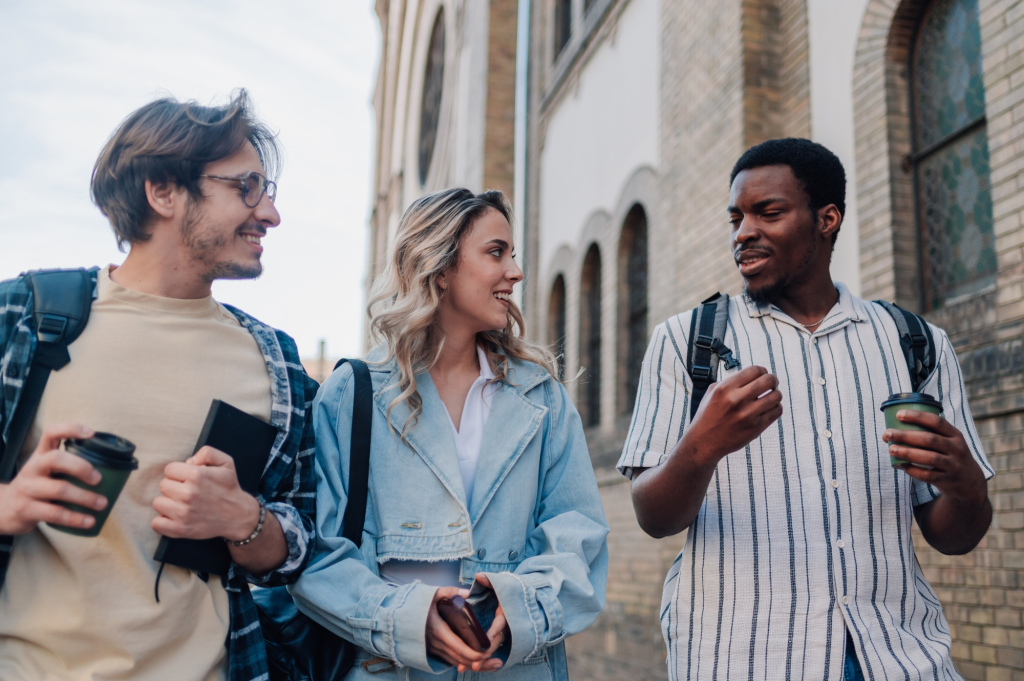 SACC Career Center students walking together on campus while networking and sharing ideas